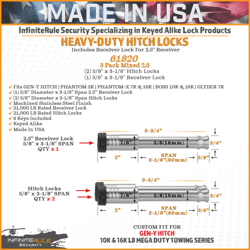 Gen-Y InfiniteRule (2) 5/8in x 3-1/8in Hitch Locks (1) 5/8in x 3-1/8in 2.5in Receiver Lock w/6 Keys
