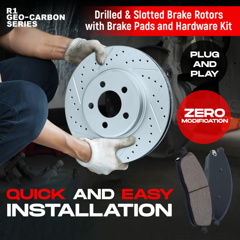 R1 16-20 Hyundai Sonata Rear Drill/Slot Carbon Coated Rotor Set w/Optimum Pads