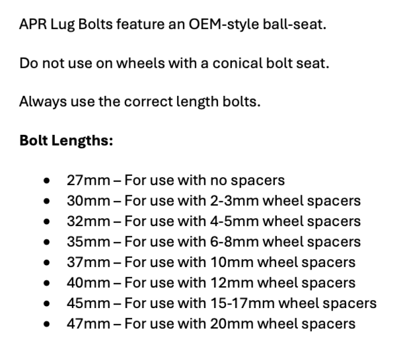 APR Lug Bolts - Use w/10mm Spacers - 37mm - Black (Set of 10)