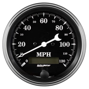 Auto Meter Gauge Speedo. 3 3/8in 120mph Elec. Prog. w/ LCD Odo Old Tyme Black
