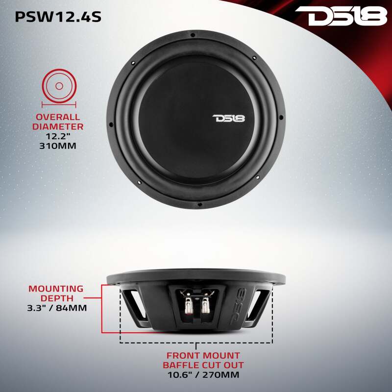 DS18 10in 500 Watts RMS 2 ohm DVC Shallow Mount Water Resistant Subwoofer