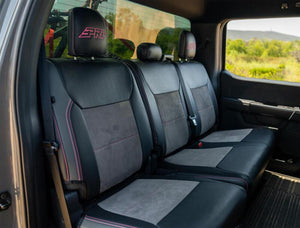 PRP 2021+ Ford 150/ 2023+ SuperDuty Rear Seat Covers (Pair) - Black w/ Red Stitch