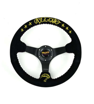 NRG Reinforced Black Perforated Leather Steering Wheel 350mm / 3in Deep w/ NVR Embroidery