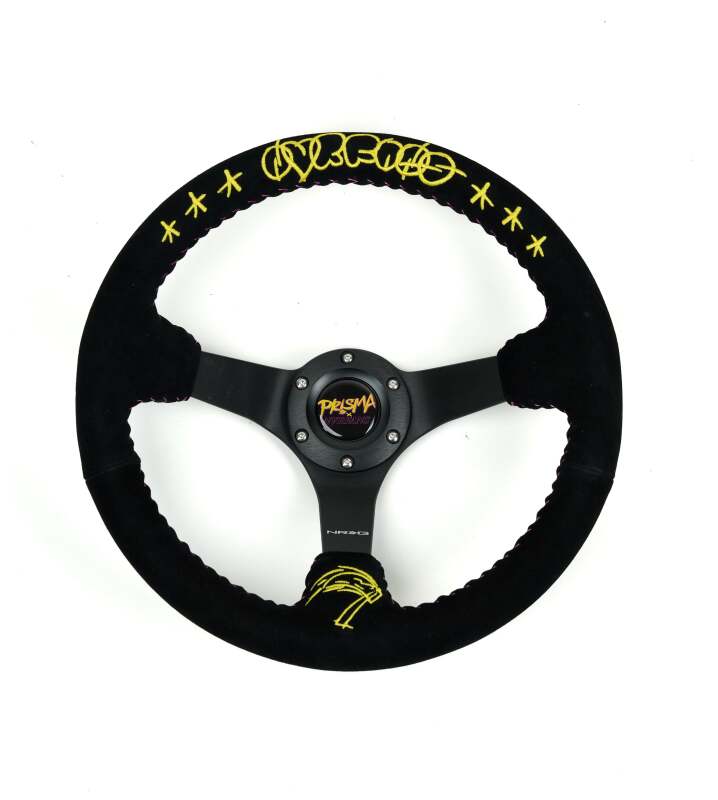 NRG Reinforced Black Perforated Leather Steering Wheel 350mm / 3in Deep w/ NVR Embroidery