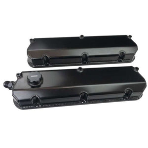 Moroso Ford 302/351W 2-3/4in Tall Aluminum Valve Covers - Black (w/-12AN Vac Fitting & Oil Fill)