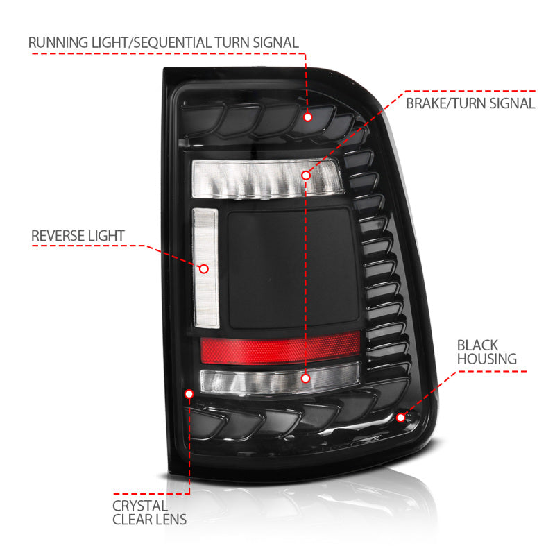 ANZO 19-24 RAM 1500 (Factory LED Models ONLY) Full LED Tail Lights SeqSig Black - Pair