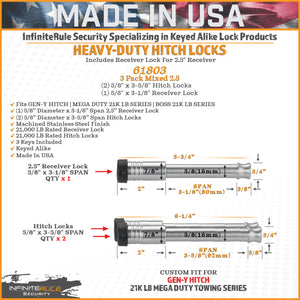 Gen-Y InfiniteRule (2) 5/8in x 3-5/8in Hitch Locks (1) 5/8in x 3-1/8in 2.5in Receiver Lock w/6 Keys
