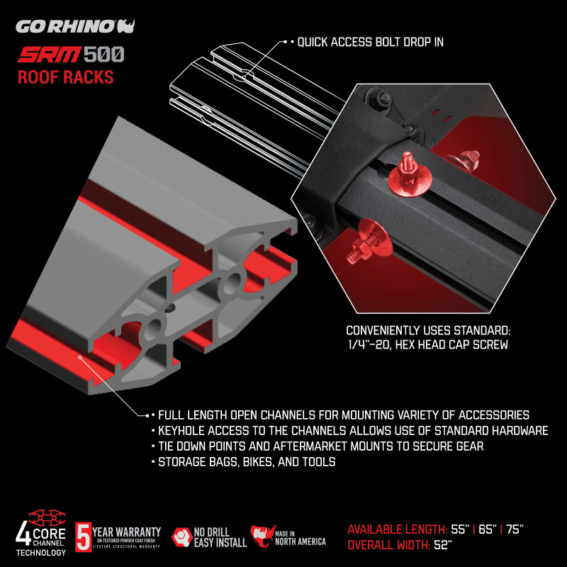 Go Rhino SRM500 Tri-Rail Kit (For 75in. Long Rack) - Tex. Blk (Rails ONLY - Req. Platform)