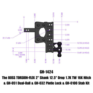 Gen-Y The Boss Torsion-Flex 2in Shank 12.5in Drop 16K Hitch w/GH-051 Dual-Ball/Pintle Lock/Stab Kit