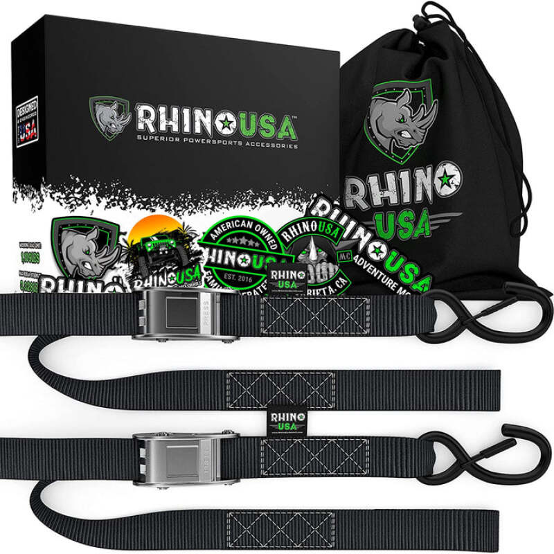 Rhino USA Cambuckle Motorcycle Tiedown Straps 2-Pack (Black) 1.5In X 8Ft