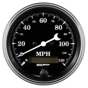 Auto Meter Gauge Speedo. 3 3/8in 120mph Elec. Prog. w/ LCD Odo Old Tyme Black
