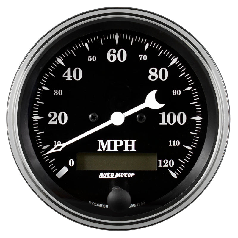 Auto Meter Gauge Speedo. 3 3/8in 120mph Elec. Prog. w/ LCD Odo Old Tyme Black