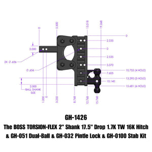 Gen-Y The Boss Torsion-Flex 2in Shank 17.5in Drop 16K Hitch w/GH-051 Dual-Ball/Pintle Lock/Stab Kit