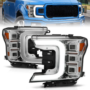 ANZO 18-20 Ford F-150 Full Led Projector Light Bar Style Headlights - Chrome Amber