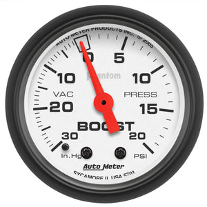 Autometer Phantom 52mm 30in HG.-Vac/20PSI Mechanical Vacuum/Boost Gauge