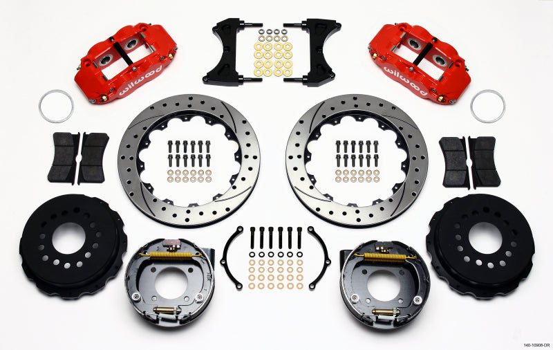 Wilwood Narrow Superlite 4R Rear P-Brk Kit 12.88in Drilled Red Chevy 12 Bolt w/ C-Clips Staggered mt