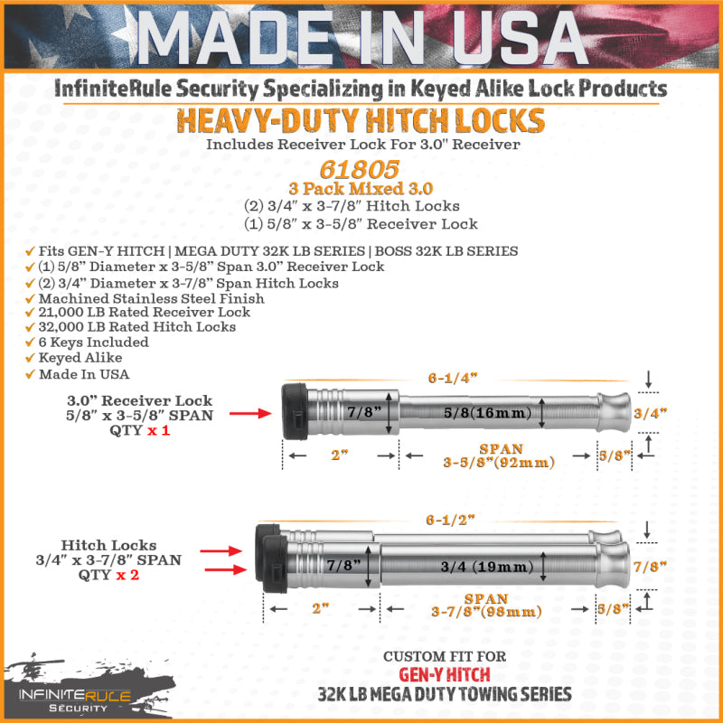 Gen-Y InfiniteRule (2) 3/4in x 3-7/8in Hitch Locks (1) 5/8in x 3-5/8in 3.0in Receiver Lock w/6 Keys