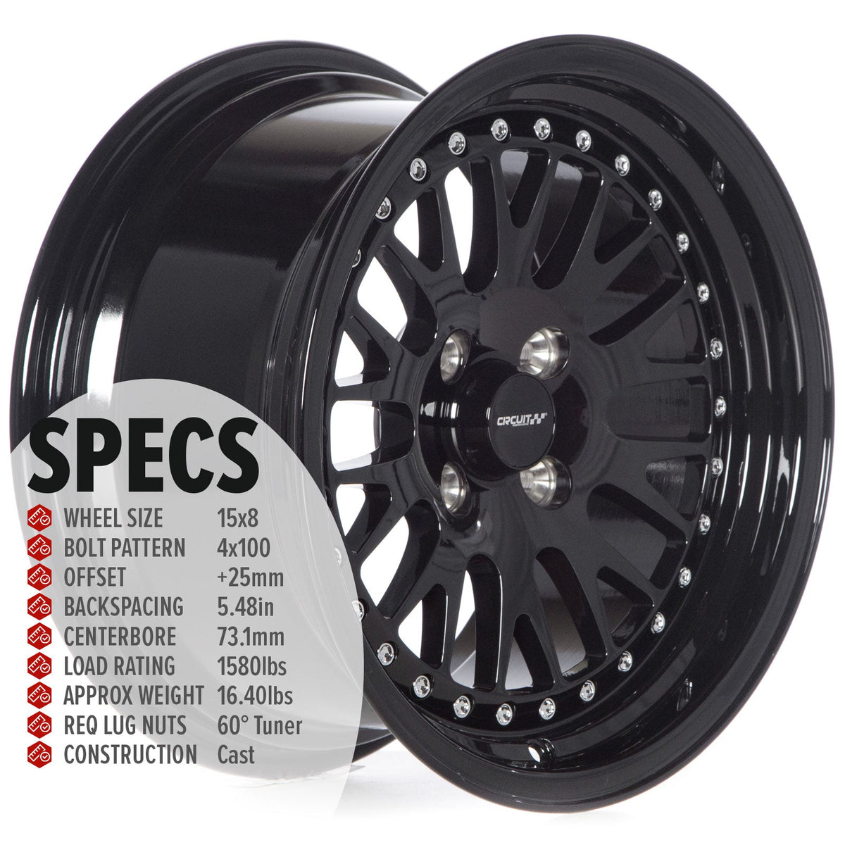 Circuit Performance CP21 Full Gloss Black 4x100 | 15x8 | +25mm / 5.48
