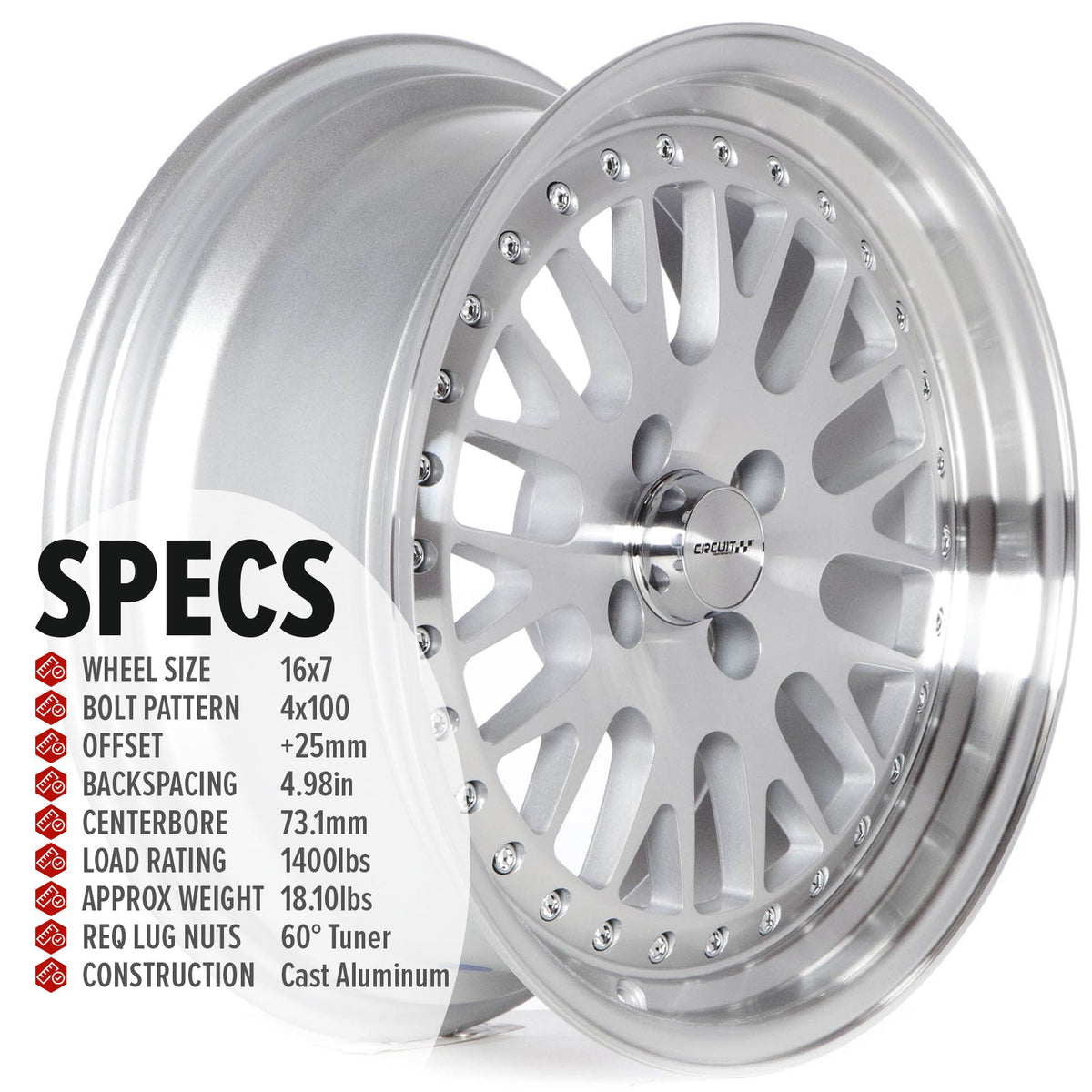 Circuit Performance CP21 Silver/Machined 4x100 | 16x7 | +25mm / 4.98