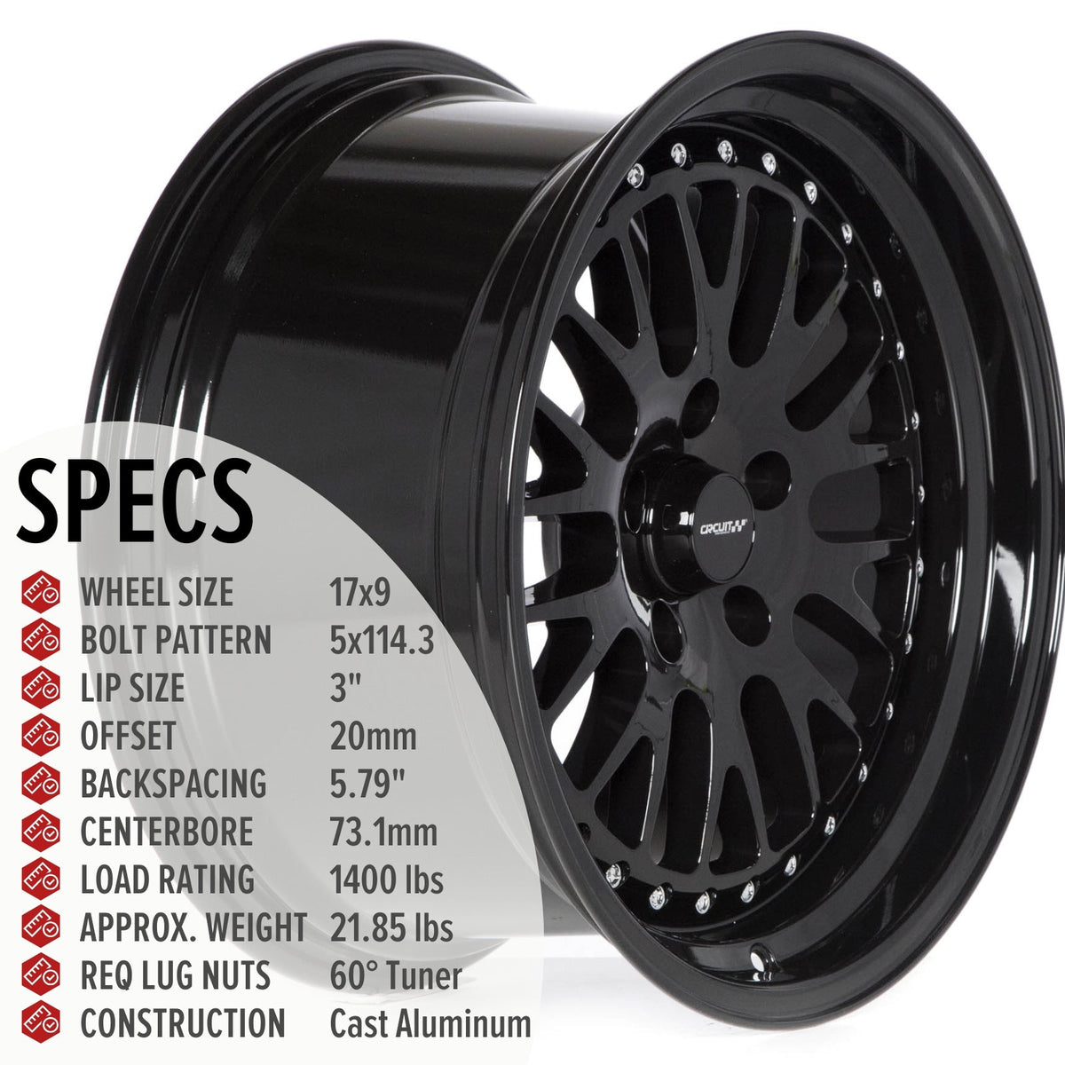 Circuit Performance CP21 Full Gloss Black 5x114.3 | 17x9 | +20mm / 5.79