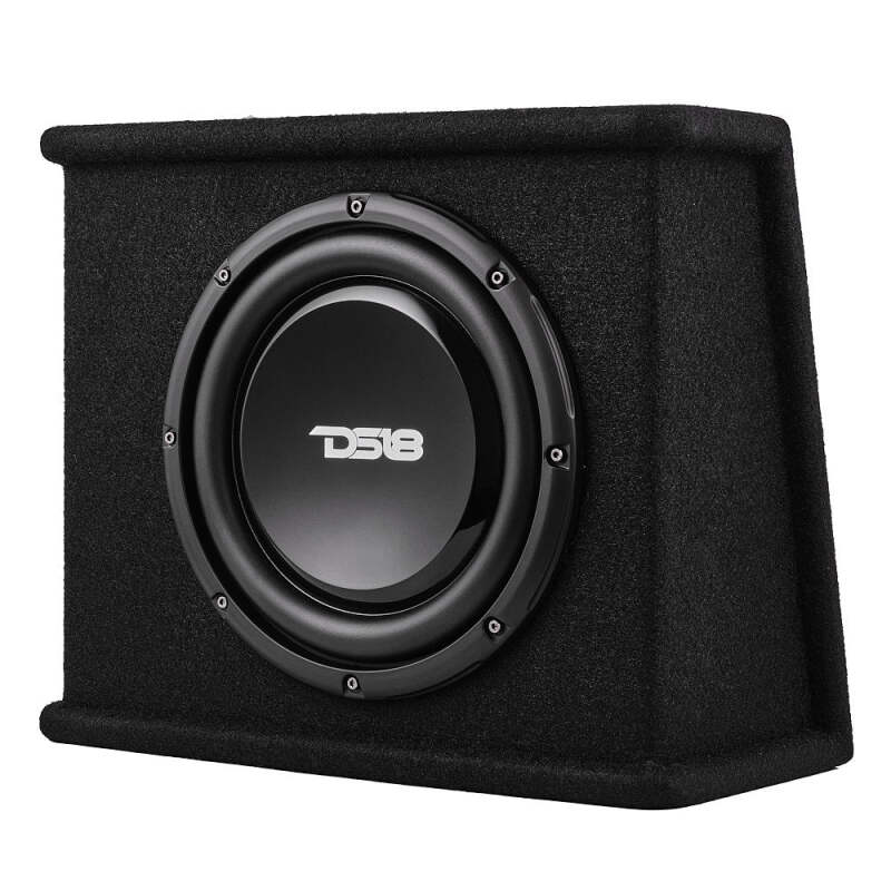DS18 Single 10in Shallow Subwoofer and Enclosure 350 Watts RMS Amplified Sealed Black Carpet