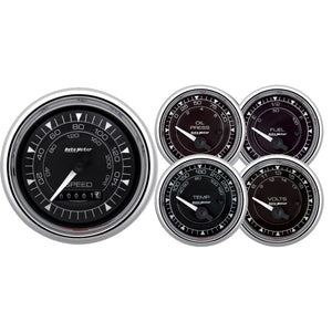 AutoMeter Chrono 3-3/8in & 2-1/16in Gauge Kit (5pc) w/Electric Speedometer - Chrome
