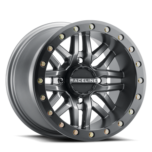 Raceline A91G Ryno 15x10in/4x137 BP/0mm Offset/110.18mm Bore - Gunmetal & Black Ring Beadlock Wheel